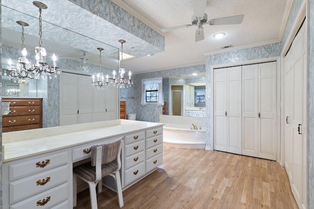 891 Lazy Acres Cir, Pottsboro, TX 75076 - full bath with a chandelier, wallpapered walls, crown molding, a textured ceiling, and wood finished floors
