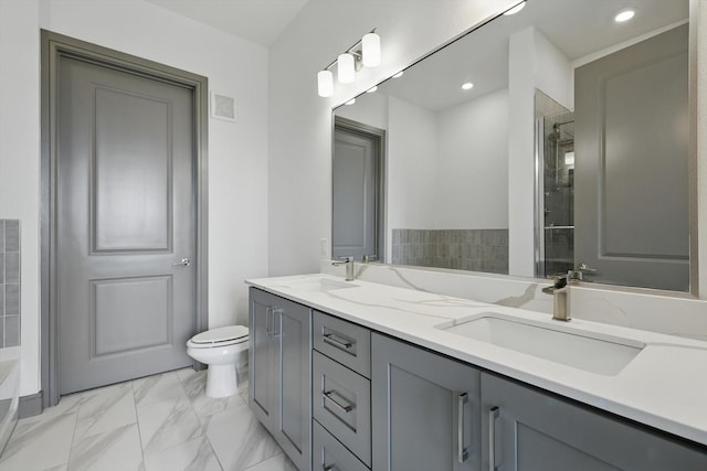 2700 Old Denton Rd Unit 3324, Carrollton, TX 75007 - bathroom with double vanity, a shower, toilet, marble finish floors, and a bath