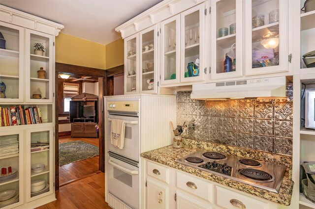 1909 Alston Ave, Fort Worth, TX 76110 - kitchen featuring under cabinet range hood, double oven, electric stovetop, backsplash, and wood finished floors