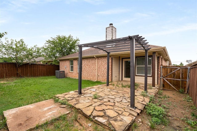 648 Tabasco Trl, Arlington, TX 76002 - back of house featuring cooling unit, a pergola, a patio area, a chimney, and brick siding