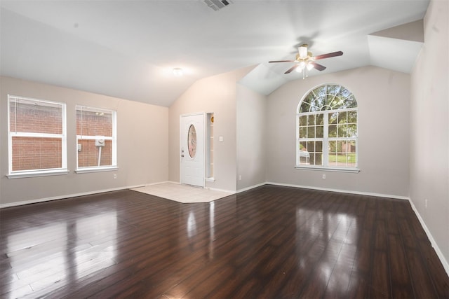 648 Tabasco Trl, Arlington, TX 76002 - unfurnished living room with a ceiling fan, lofted ceiling, wood finished floors, and baseboards