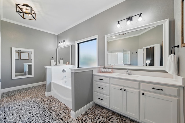 506 Prairie Run, Aledo, TX 76008 - bathroom featuring a bath, crown molding, vanity, baseboards, and tile patterned flooring