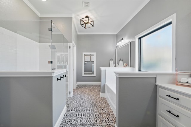 506 Prairie Run, Aledo, TX 76008 - full bathroom with ornamental molding, vanity, a garden tub, a tile shower, and tile patterned floors