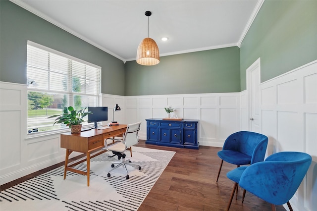 506 Prairie Run, Aledo, TX 76008 - office area with a decorative wall, crown molding, a wainscoted wall, and dark wood-style flooring