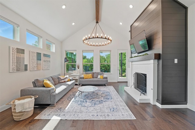 506 Prairie Run, Aledo, TX 76008 - living room with a chandelier, beam ceiling, high vaulted ceiling, healthy amount of natural light, and dark wood-style flooring