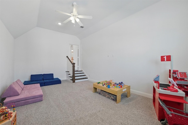 506 Prairie Run, Aledo, TX 76008 - rec room featuring vaulted ceiling, a ceiling fan, carpet floors, and baseboards