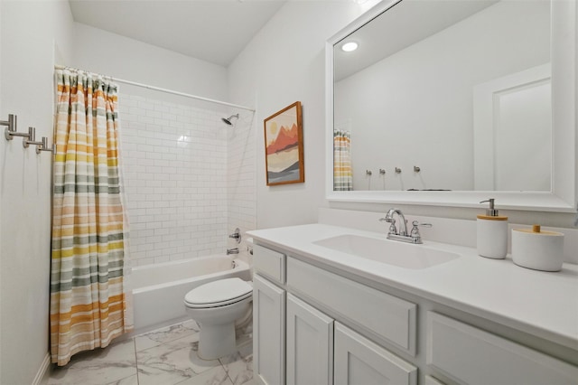 506 Prairie Run, Aledo, TX 76008 - full bathroom featuring vanity, marble finish floors, toilet, shower / bath combination with curtain, and recessed lighting