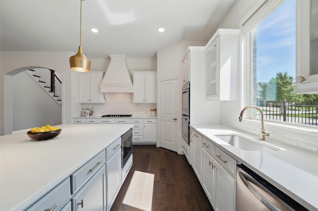 506 Prairie Run, Aledo, TX 76008 - kitchen with appliances with stainless steel finishes, a sink, custom range hood, white cabinets, and tasteful backsplash