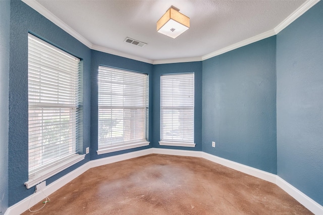 4704 N Meadow Ridge Cir, Mckinney, TX 75072 - empty room with baseboards, crown molding, plenty of natural light, a textured wall, and concrete floors