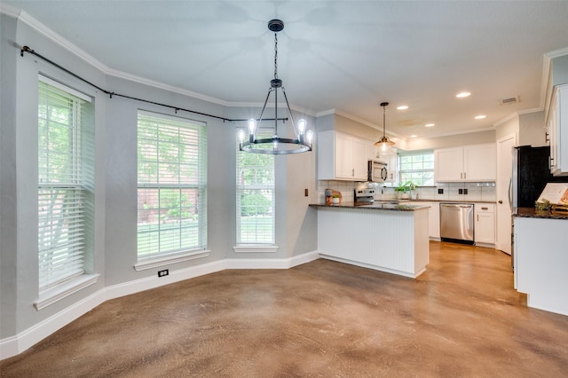 4704 N Meadow Ridge Cir, Mckinney, TX 75072 - kitchen with appliances with stainless steel finishes, concrete flooring, tasteful backsplash, white cabinetry, and crown molding