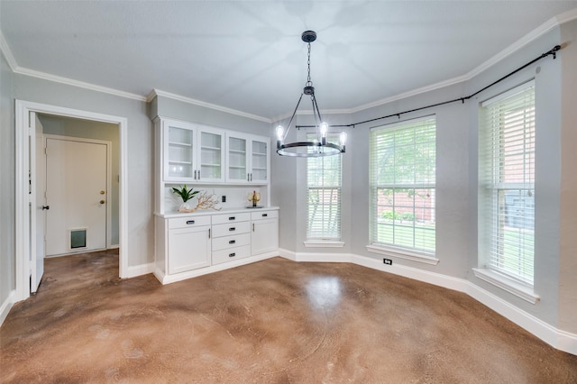 4704 N Meadow Ridge Cir, Mckinney, TX 75072 - unfurnished dining area featuring concrete floors, a chandelier, baseboards, crown molding, and healthy amount of natural light
