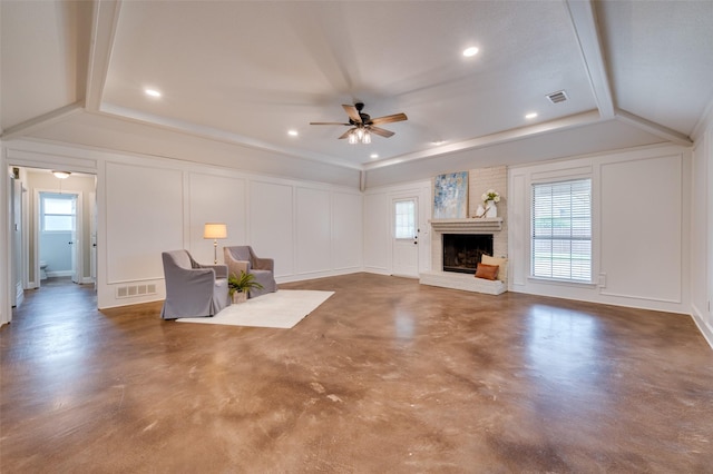 4704 N Meadow Ridge Cir, Mckinney, TX 75072 - unfurnished living room featuring a decorative wall, a ceiling fan, concrete floors, healthy amount of natural light, and lofted ceiling