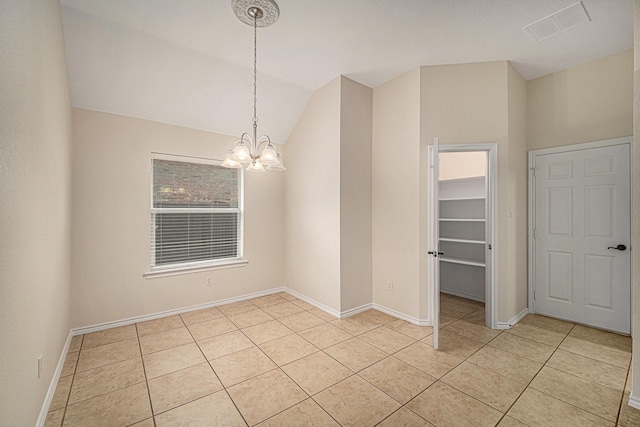 5516 La Bandera Trl, Benbrook, TX 76126 - unfurnished dining area with light tile patterned floors, lofted ceiling, a chandelier, and baseboards