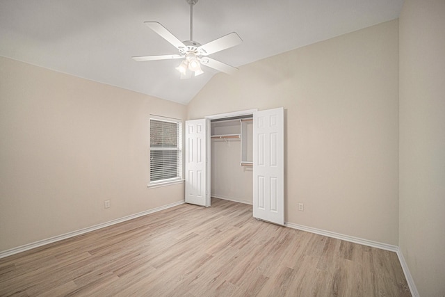 5516 La Bandera Trl, Benbrook, TX 76126 - unfurnished bedroom with light wood-type flooring, baseboards, a closet, a ceiling fan, and high vaulted ceiling