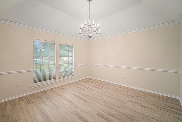 5516 La Bandera Trl, Benbrook, TX 76126 - empty room with light wood-type flooring, a chandelier, baseboards, ornamental molding, and lofted ceiling