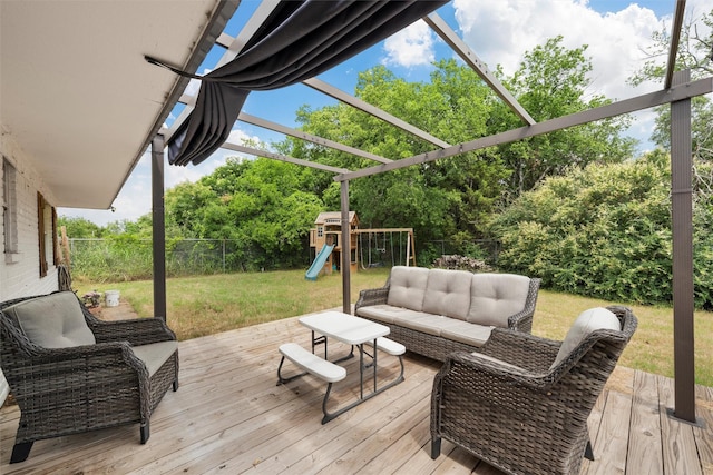 102 Creek Dr, Whitney, TX 76692 - wooden deck featuring an outdoor hangout area, a playground, and view of wooded area