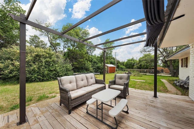 102 Creek Dr, Whitney, TX 76692 - wooden terrace with an outdoor living space, a lawn, and view of scattered trees