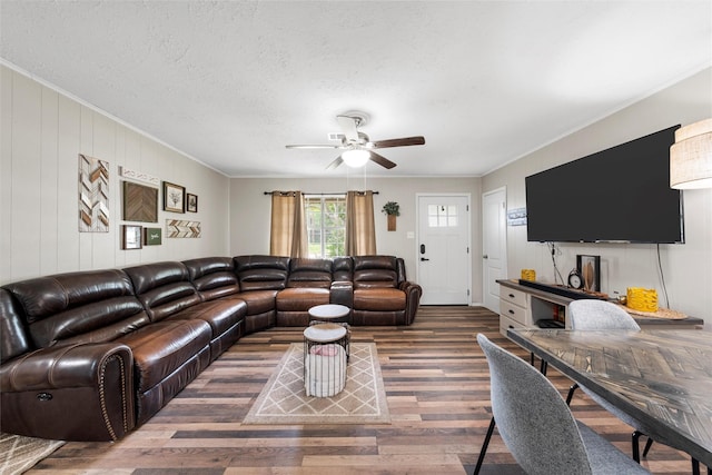102 Creek Dr, Whitney, TX 76692 - living room featuring wood finished floors, ornamental molding, ceiling fan, and a textured ceiling