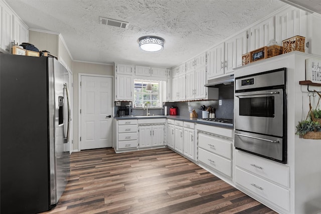 102 Creek Dr, Whitney, TX 76692 - kitchen with stainless steel appliances, a warming drawer, crown molding, a sink, and dark wood-style flooring