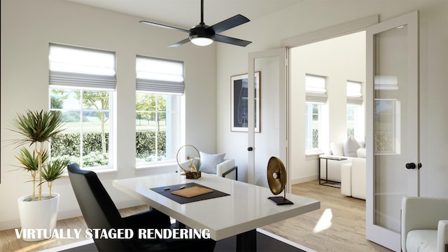 9484 Hedge St, Frisco, TX 75035 - dining area featuring ceiling fan, wood finished floors, and baseboards
