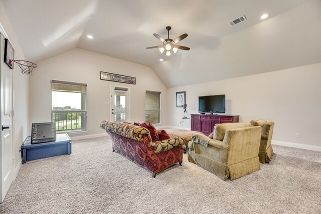 901 Jessica Ln, Prosper, TX 75078 - carpeted living area with lofted ceiling, a ceiling fan, baseboards, and recessed lighting