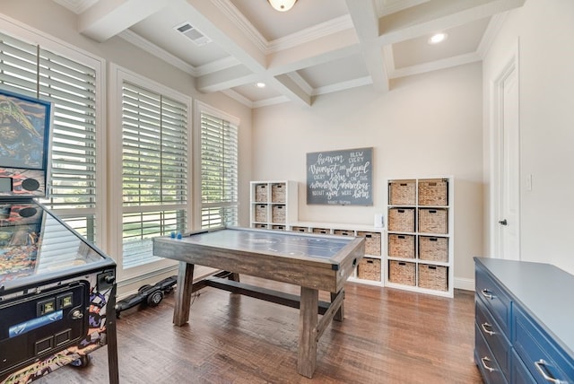 901 Jessica Ln, Prosper, TX 75078 - rec room with wood finished floors, coffered ceiling, beamed ceiling, crown molding, and recessed lighting