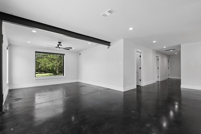 1189 W Jeter Rd, Bartonville, TX 76226 - unfurnished living room featuring finished concrete floors, recessed lighting, ceiling fan, and beam ceiling