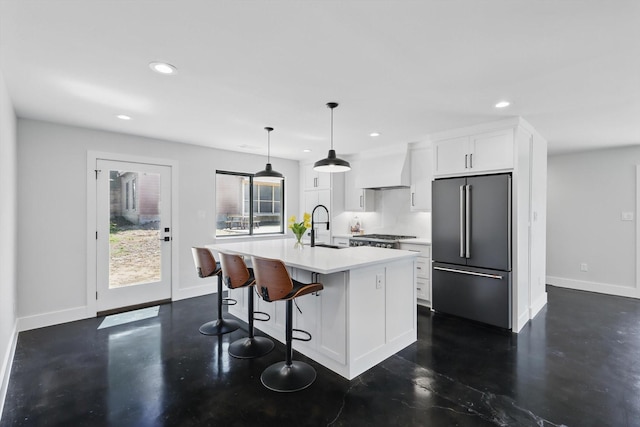 1189 W Jeter Rd, Bartonville, TX 76226 - kitchen featuring high end refrigerator, recessed lighting, finished concrete floors, custom range hood, and white cabinetry