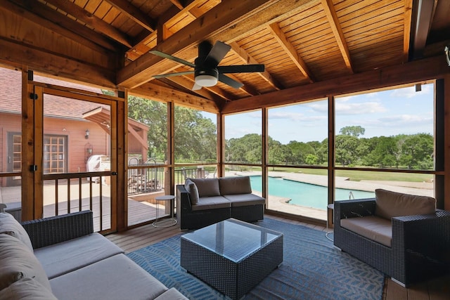 1189 W Jeter Rd, Bartonville, TX 76226 - sunroom featuring ceiling fan, an outdoor hangout area, french doors, and view of wooded area