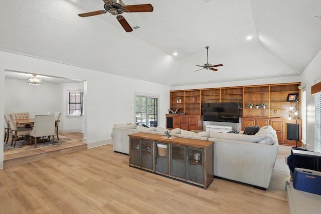 1189 W Jeter Rd, Bartonville, TX 76226 - living room featuring ceiling fan, light wood-style floors, high vaulted ceiling, and recessed lighting