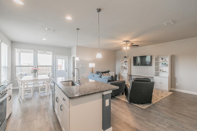 812 Holler Loop, Fort Worth, TX 76247 - kitchen with a sink, light wood finished floors, stainless steel appliances, dark stone countertops, and a ceiling fan