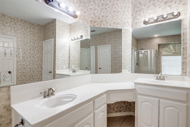 5283 W Cove Way, Grand Prairie, TX 75052 - full bath featuring tile patterned flooring, double vanity, a stall shower, and wallpapered walls