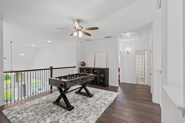 1720 Rolling Heights Ln, Fort Worth, TX 76008 - rec room with attic access, ceiling fan, dark wood-style floors, baseboards, and recessed lighting