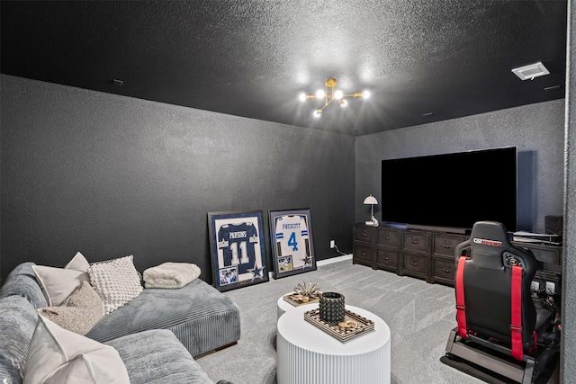 1720 Rolling Heights Ln, Fort Worth, TX 76008 - living area featuring a textured wall, carpet floors, a chandelier, and a textured ceiling