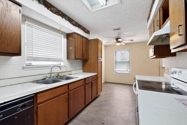 8512 Whitney Dr, White Settlement, TX 76108 - kitchen with white electric range oven, a sink, black dishwasher, a textured ceiling, and light countertops
