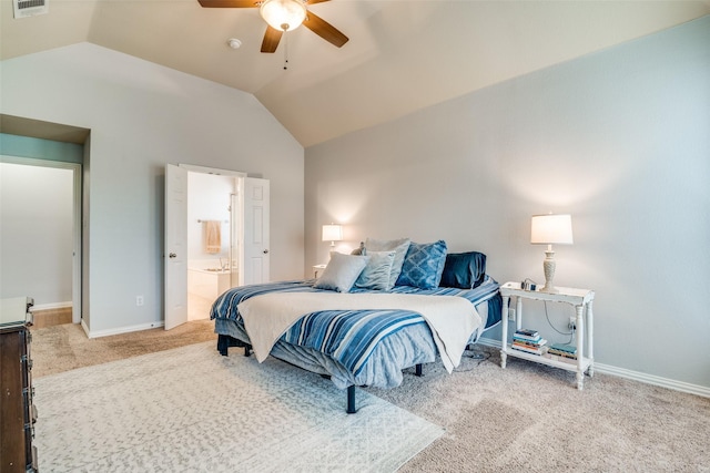 105 Cassandra Dr, Forney, TX 75126 - carpeted bedroom featuring vaulted ceiling, baseboards, ensuite bathroom, and a ceiling fan