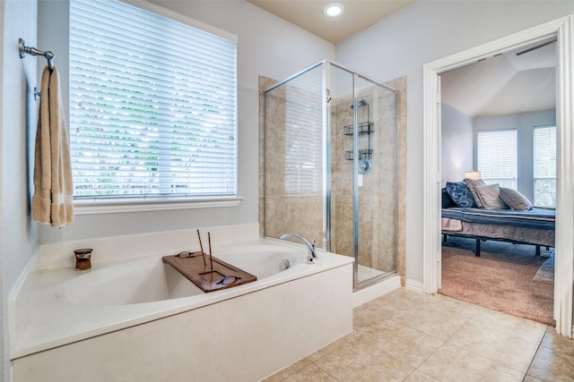 105 Cassandra Dr, Forney, TX 75126 - bathroom with ensuite bath, a bath, a stall shower, tile patterned flooring, and recessed lighting
