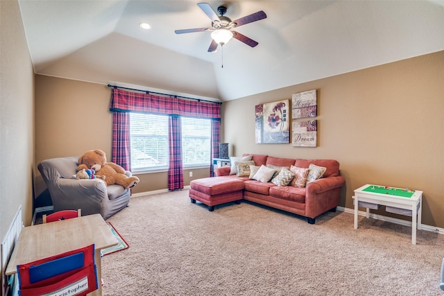 105 Cassandra Dr, Forney, TX 75126 - carpeted living room with ceiling fan, lofted ceiling, and baseboards