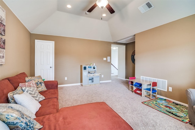 105 Cassandra Dr, Forney, TX 75126 - rec room with a ceiling fan, vaulted ceiling, carpet floors, baseboards, and recessed lighting
