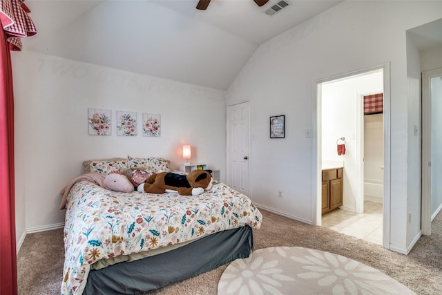 105 Cassandra Dr, Forney, TX 75126 - bedroom with light colored carpet, vaulted ceiling, baseboards, connected bathroom, and ceiling fan