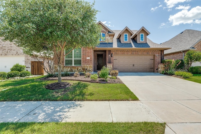 9728 Bitterroot Dr, Little Elm, TX 75068 - view of front of home with brick siding, an attached garage, a front yard, and concrete driveway