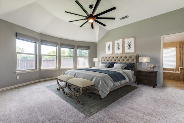 9728 Bitterroot Dr, Little Elm, TX 75068 - carpeted bedroom with vaulted ceiling and a ceiling fan