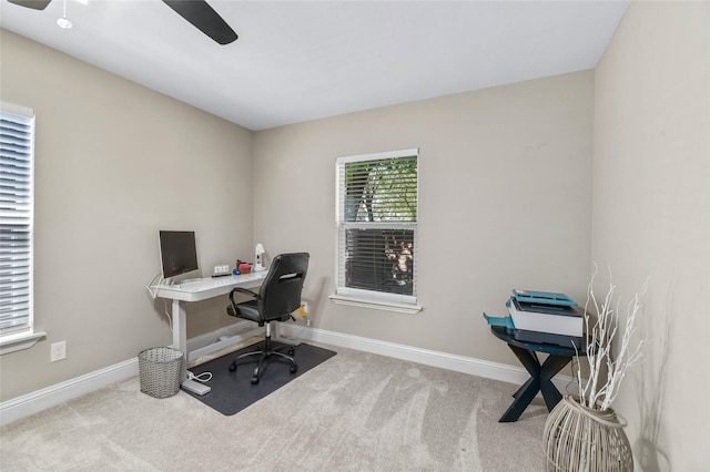 1105 Florence St, Mckinney, TX 75069 - office area with carpet flooring, a ceiling fan, and baseboards