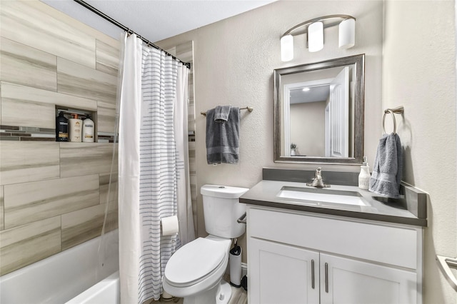 1105 Florence St, Mckinney, TX 75069 - full bath featuring vanity, toilet, shower / tub combo with curtain, and a textured wall