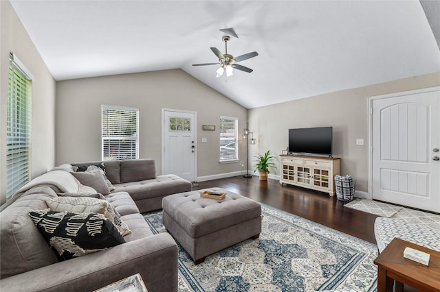 1105 Florence St, Mckinney, TX 75069 - living area featuring ceiling fan, wood finished floors, lofted ceiling, and baseboards