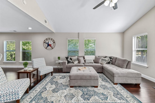 1105 Florence St, Mckinney, TX 75069 - living area with vaulted ceiling, baseboards, healthy amount of natural light, a ceiling fan, and wood finished floors