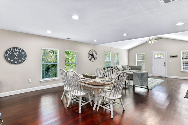 1105 Florence St, Mckinney, TX 75069 - dining space with baseboards, dark wood-style flooring, a ceiling fan, recessed lighting, and lofted ceiling