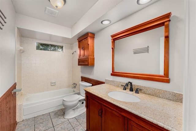 5008 Hatherly Dr, Plano, TX 75023 - bathroom with toilet, vanity, bathing tub / shower combination, and tile patterned flooring