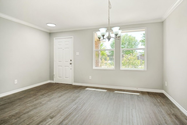 1713 Harvest Crossing Dr, Wylie, TX 75098 - unfurnished dining area featuring a chandelier, baseboards, ornamental molding, and wood finished floors