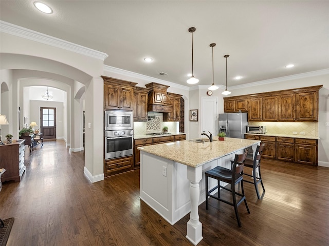 6420 Rosemary Ct, Mckinney, TX 75071 - kitchen featuring stainless steel appliances, arched walkways, a sink, premium range hood, and decorative backsplash